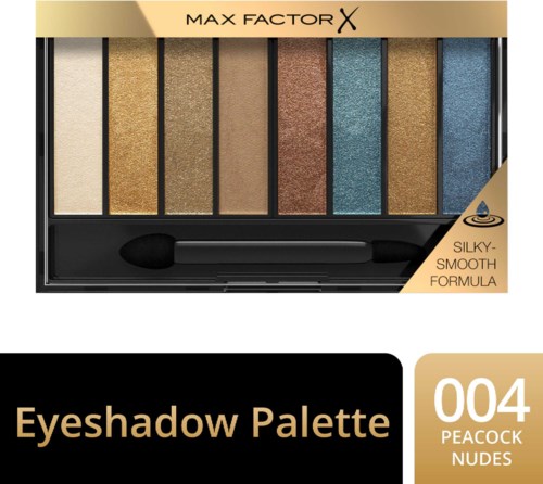 A palette of eight shimmering eyeshadows in gold, brown, and blue shades labeled 'Peacock Nudes.'