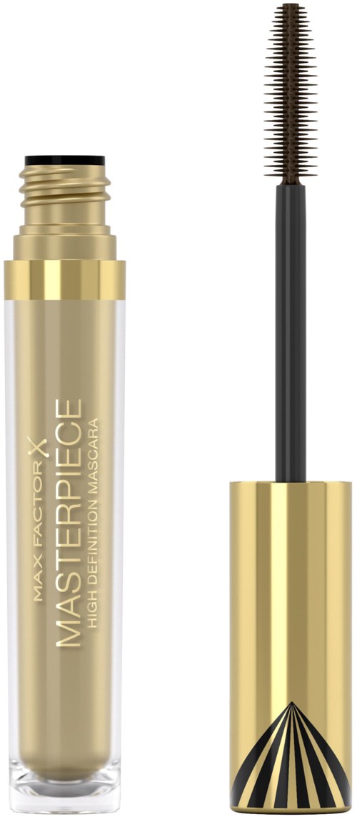 Gouden tube met high-definition mascara en zwarte mascara-borsteltje, met een zwart-gouden sierdop.