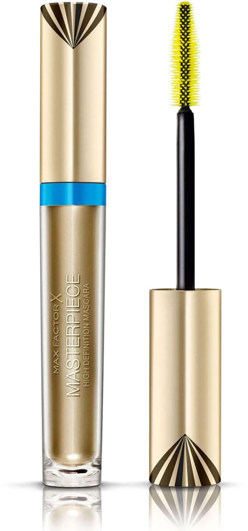 Een gouden tube mascara met een blauwe band en de borstel met gele haren ernaast.