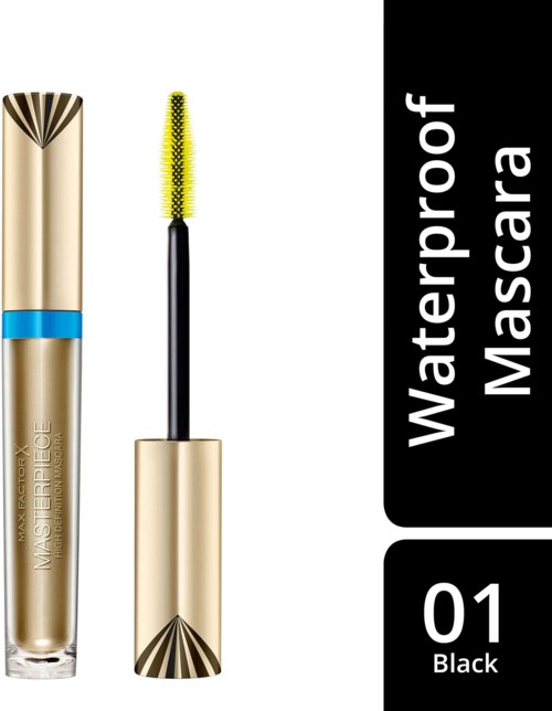 Waterproof mascara in een gouden tube met een zwart en geel borsteltje. Label zegt zwart, 01.