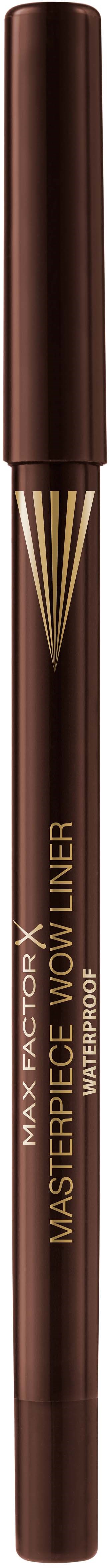 A brown eyebrow pencil with a pointed tip and gold-colored tip on a black background.