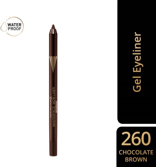 Gel eyeliner in chocolate brown, waterproof, with a simple brown pencil design, labeled for eye makeup.