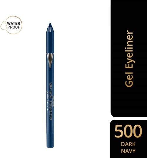 Waterproof gel eyeliner in dark navy color with gold accents, 500 shade number, in sleek pen form.