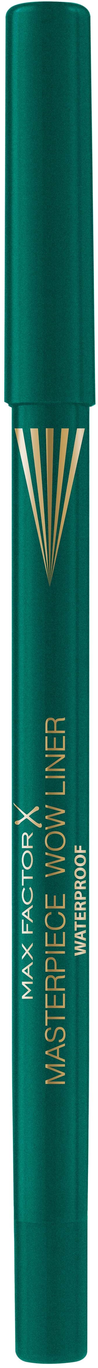 A green eyeliner pencil with gold tip and text, standing vertically against a black background.
