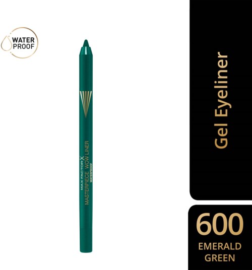A teal waterproof gel eyeliner in a pencil form with gold accents, labeled as shade 600 Emerald Green.