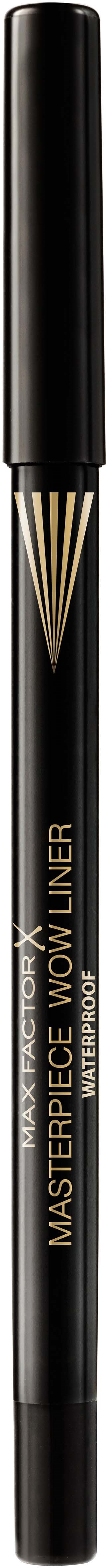 A black makeup pen with gold accents, labeled "Masterpiece Wow Liner" for eye makeup.