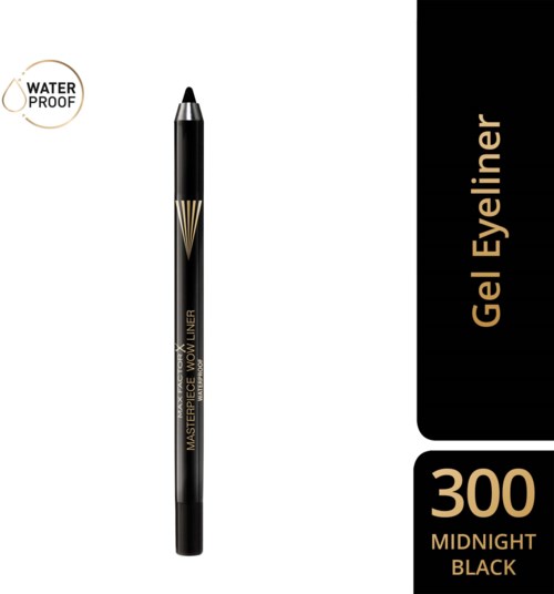 A gel eyeliner pen labeled "MIDNIGHT BLACK" with waterproof feature, black and gold design, and the number 300.