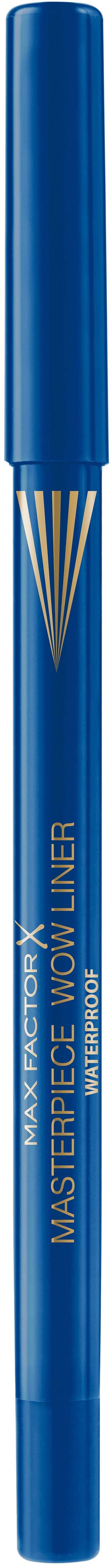 A blue eyeliner pen labeled as Masterpiece WOW Liner with a sleek design and a pointed tip.