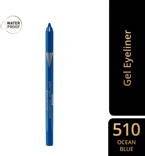 A waterproof gel eyeliner pencil in ocean blue, 510, shown upright with brand and product details.