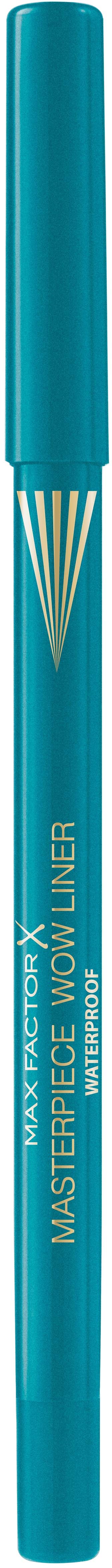 Ein blauer Eyelinerstift mit Kappe, beschriftet mit 'Master Piece Wow' für Make-up.