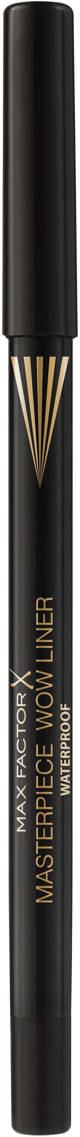 A black, slim makeup pen labeled as Maybelline Master Precise Wow Liner with a fine applicator tip.