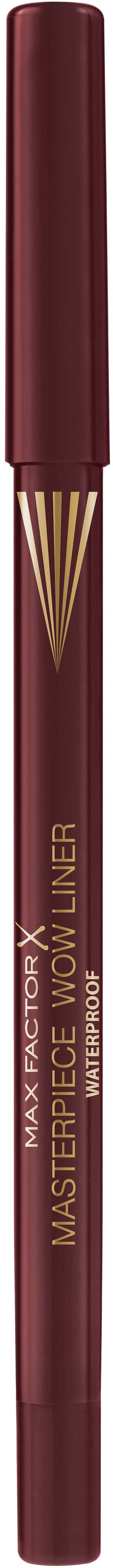 A burgundy pencil-shaped makeup product labeled "Masterpiece Mulberry WOW Liners" with a gold tip.
