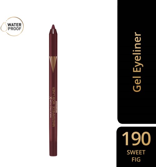 A brown gel eyeliner pencil with gold accents, labeled as 