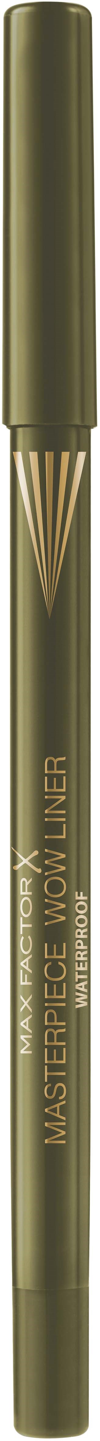 A green eyeliner pencil with a black cap and gold text, used for eye makeup.