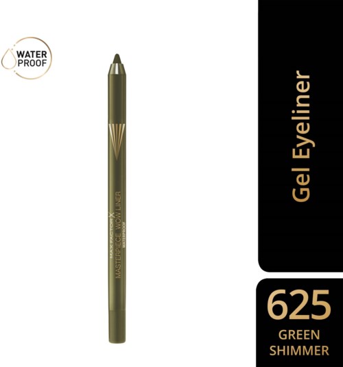 A green gel eyeliner pen with a gold cap and gold text, labeled as waterproof and shade 625 Green Shimmer.