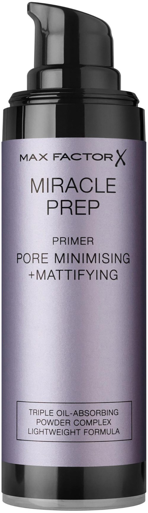 Violetti ja musta pullo Max Factor X Miracle Prep primaarilla, merkattu huokosten vähentämiseen ja mattapinnan aikaansaamiseen.
