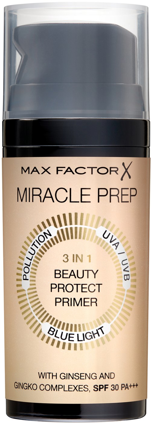 Een beige flesje van Max Factor Miracle Pre make-upprimer met zwarte en grijze pomp, gelabeled SPF 30 PA++, bevat ginseng en ginkgo.