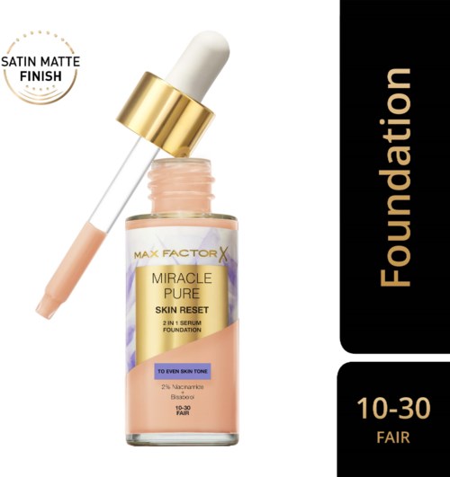 Seerumipullossa tiputusopas, merkattu 'MAX FACTOR X Miracle Pure Skin Reset,' tasapainoisen ihon sävyyn, satiinimattapintainen.