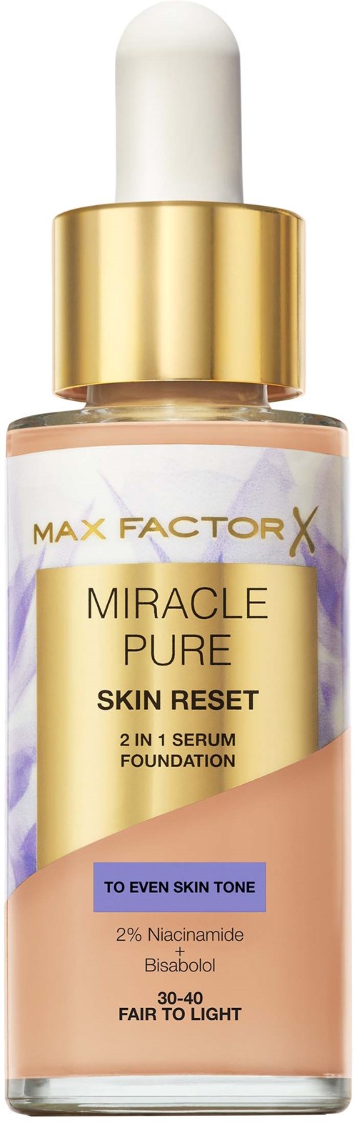 Ihonsiväline, lasipullossa, kultainen korkki ja violette korostukset, nimeltä 'Max Factor X Miracle Pure.'