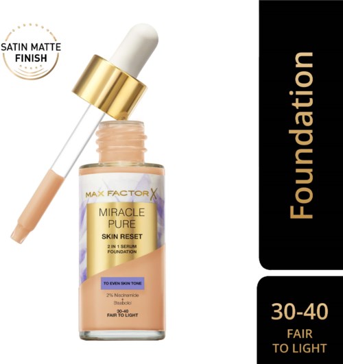  Alusävyinen meikkivoide, pullo ja tippo, nimeltä 'Miracle Pure Skin Reset'.