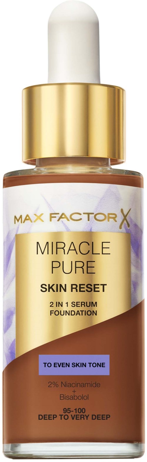 Ihonhoitoseerumin pullo, jossa kultaisia ja violetteja korostuksia, merkitty 'Max Factor X Miracle Pure Skin Reset,' tasaiselle ihon sävylle.