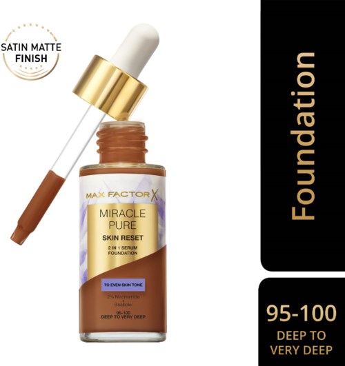 Ihonaan uudistava meikkisivellinapullo, jossa tippojen ottimessa. Tekstissä lukee "Miracle Pure Skin Reset." Syväväriin tarkoitettu.