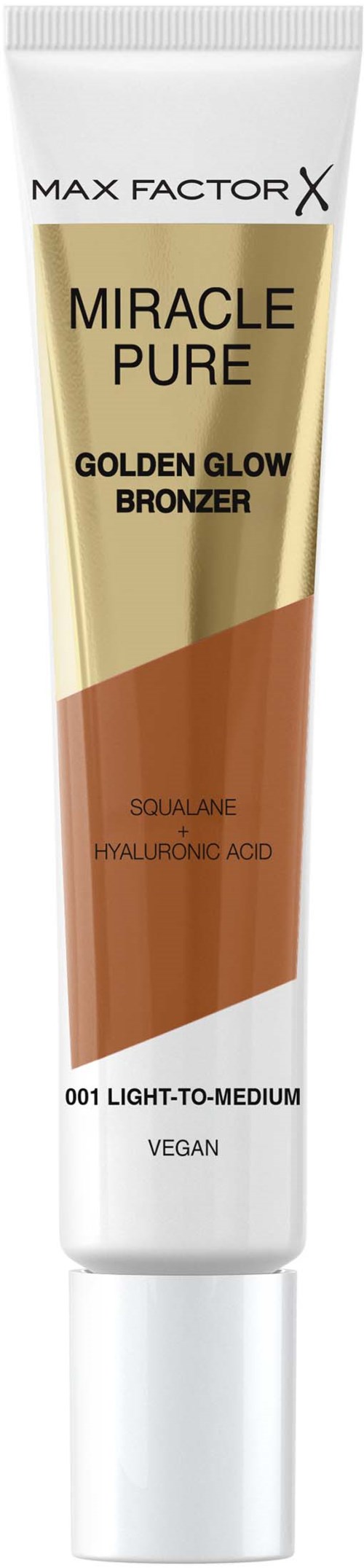 Een tube Max Factor X Miracle Pure Golden Glow Bronzer, geschikt voor lichte tot medium huid, met ingrediënten zoals squalane en hyaluronzuur.