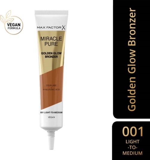 Een tube van Max Factor Miracle Pure Golden Glow Bronzer met vegan label en lichte tot medium tint.