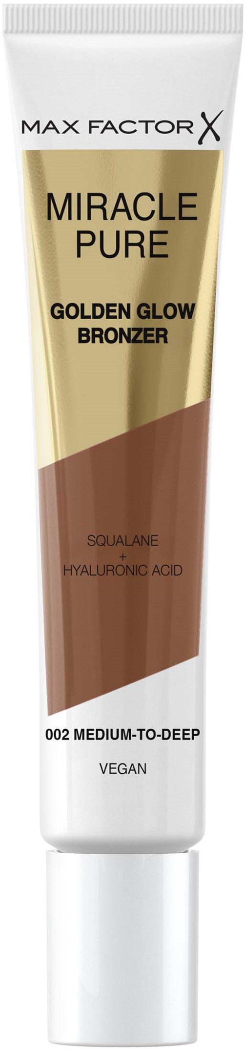 A tube of Max Factor X Miracle Pure Golden Glow Bronzer with shades: golden and brown.