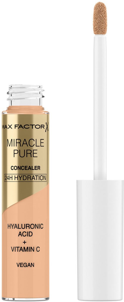 Een concealer met een witte applicatorstick en een goud en beige tube. Het zegt "Miracle Pure" en "Hyaluronic Acid."
