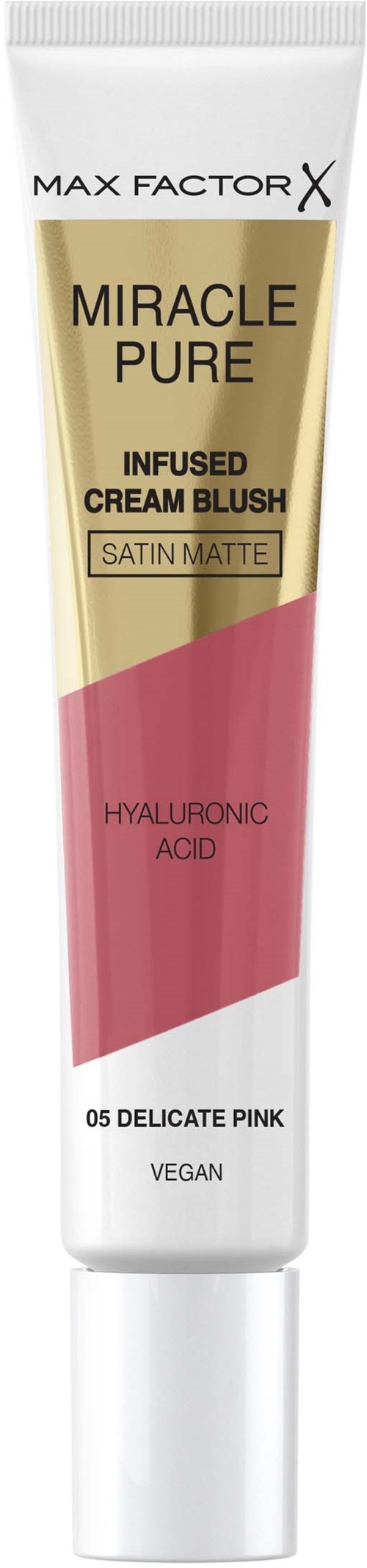 Eine Tube Max Factor X Miracle Pure, Infused Cream Blush, zarte Rosa, mit Hyaluronsäure und veganen Zutaten.