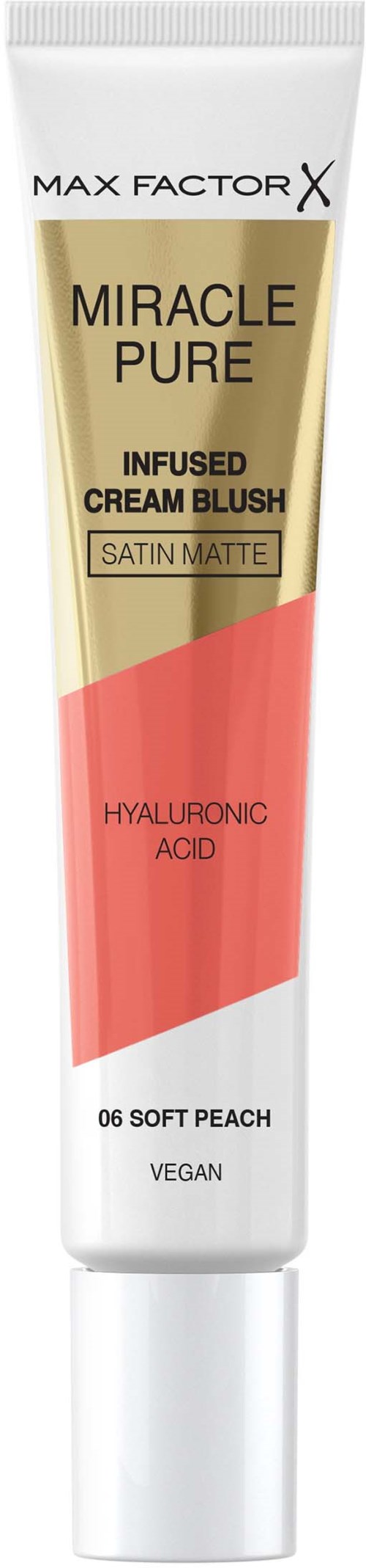 Tube mit Max Factor X Miracle Pure infundiertem Cremekörper in sanftem Pfirsichton, vegan und feuchtigkeitsspendend.