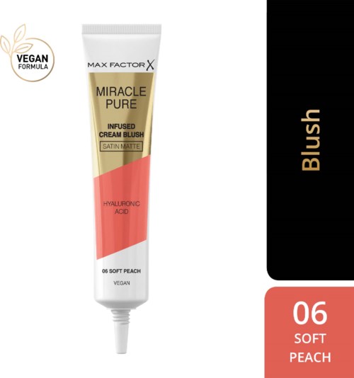 Röhrenförmiger Blush namens Miracle Pure mit Pfirsichfarbe und Hyaluronsäure, vegane Formel, satin-matte Finish.
