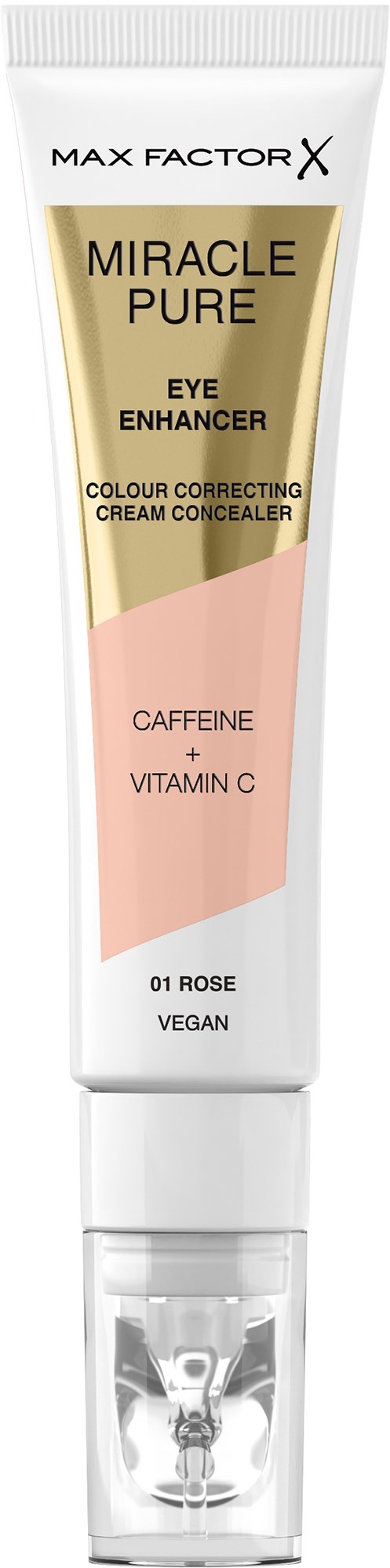A tube of eye cream labeled Max Factor X Miracle Pure, with ingredients like caffeine and vitamin C, in pink and gold colors.