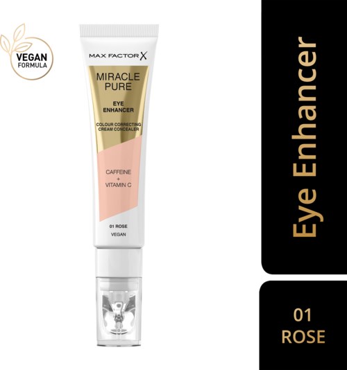 A tube of eye concealer with vegan, caffeine, and vitamin C labels, and a black and gold packaging.