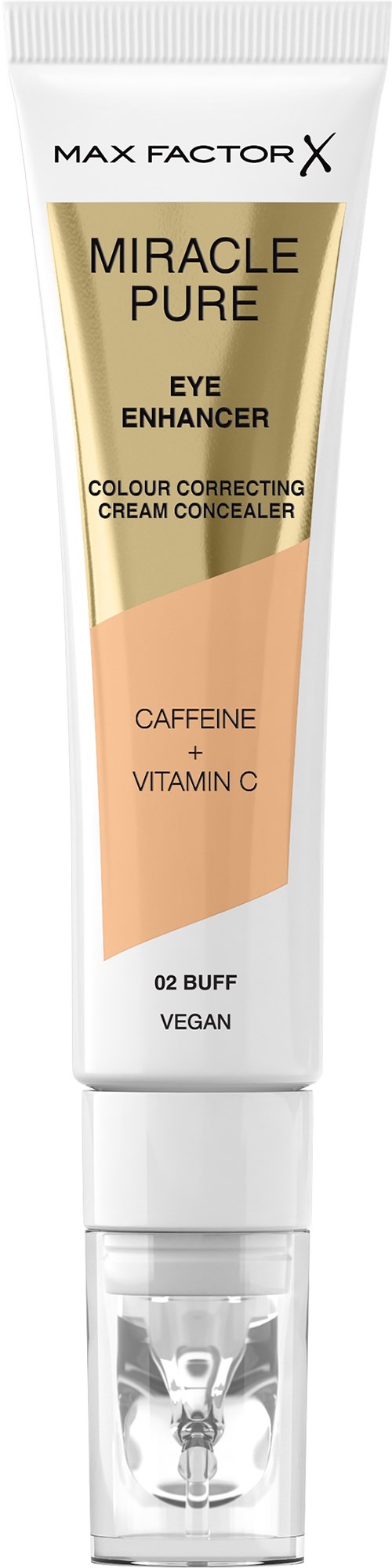 A white tube with gold and pink label, promoting eye cream with caffeine and vitamin C for brightening.