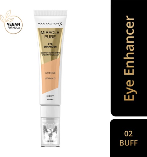 This is a tube of eye concealer with positive labels for vegan, caffeine, vitamin C, and color correction benefits.