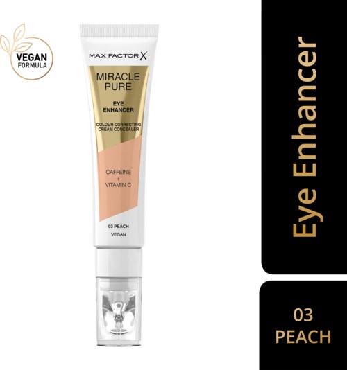 A tube of Max Factor X eye enhancer cream with peach color, containing caffeine and vitamin C, marked as vegan.