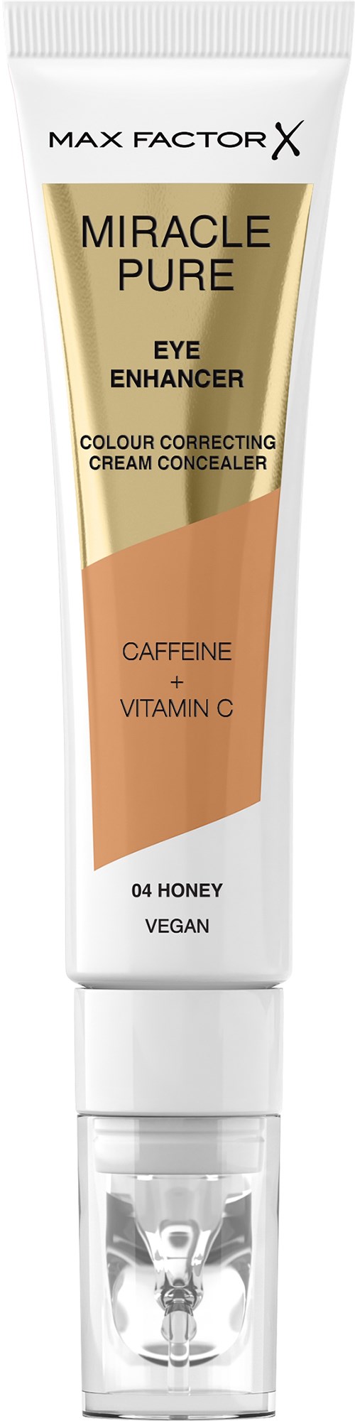 Witte tube oogcrème met goud en perzikontwerp, gelabeld 'Miracle Pure Eye Enhancer' met ingrediënten zoals cafeïne.