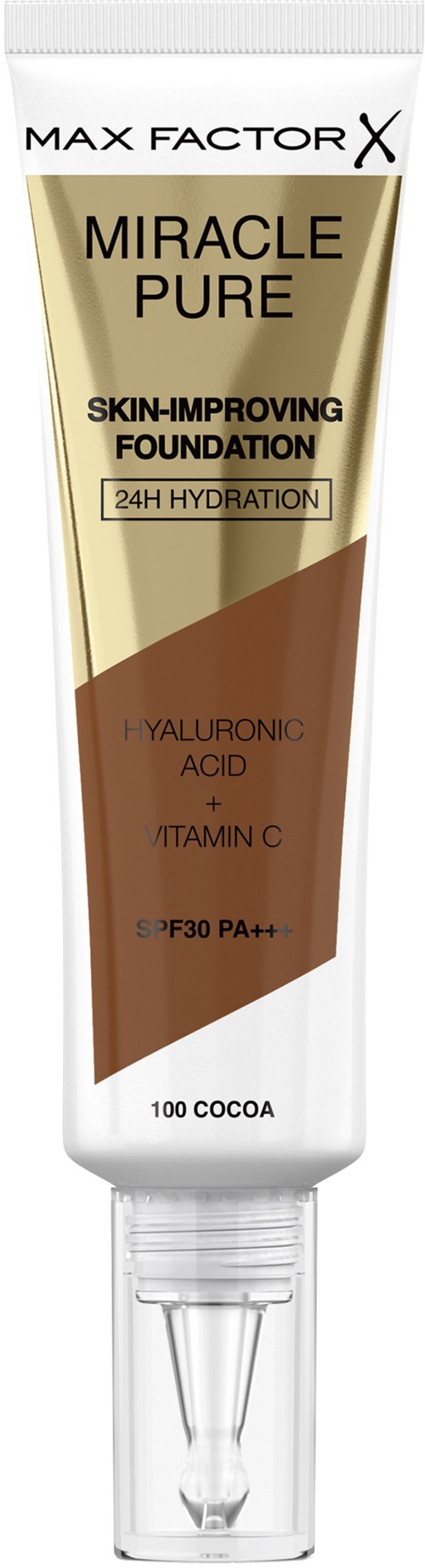 En tub Max Factor Miracle Pure foundation med SPF 30, innehåller hyaluronsyra, C-vitamin, kakao och lovar 24 timmars återfuktning.