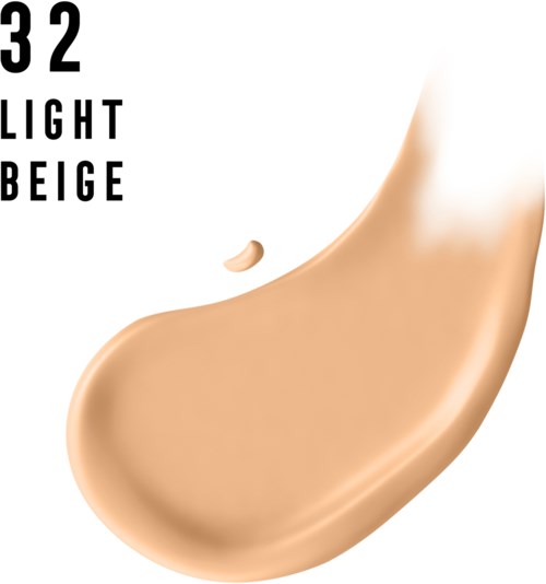 En foundation-provet med ljus beige färg. Text visar nyansnummer 32. Provbiten är slät och krämig.