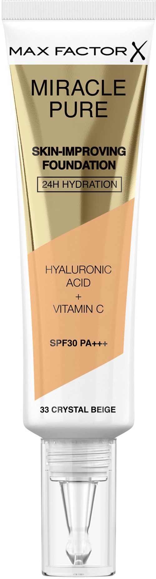 A tube of Max Factor Miracle Pure foundation with SPF 30, designed for skin improvement and hydration.