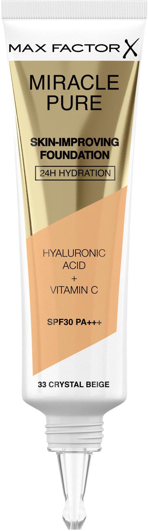 A tube of skin foundation with SPF 30, containing hyaluronic acid and vitamin C, in beige color.
