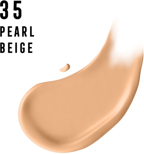 En beige flytande foundationDrop med text på en vit bakgrund.