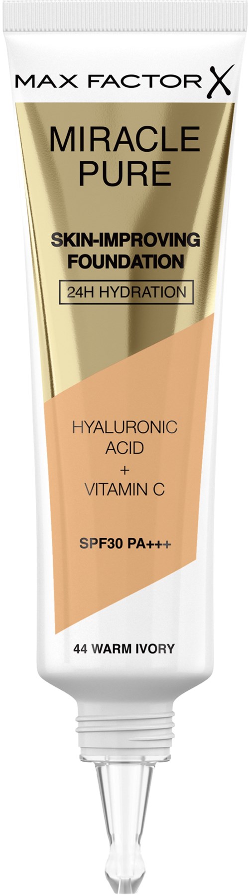 A tube of Max Factor Miracle Pure foundation with SPF30, vitamin C, and hyaluronic acid for skin hydration.