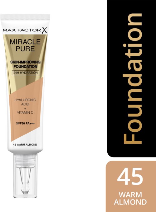 A tube of Max Factor foundation called Miracle Pure with ingredients like hyaluronic acid and vitamin C, in shade 45 Warm Almond.