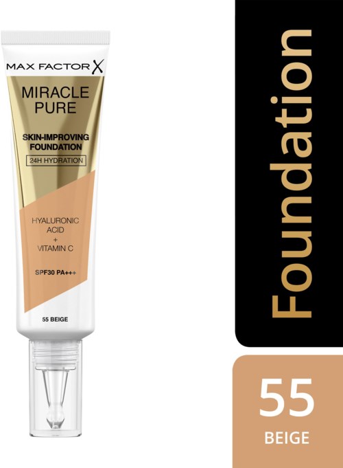 Een tube Max Factor Miracle Pure foundation in beige met tekst over ingrediënten en SPF.