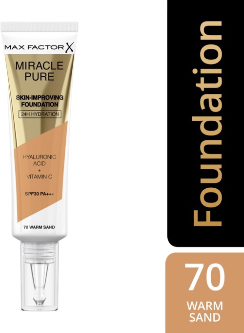A tube of foundation labeled 'Miracle Pure,' with ingredients and SPF, in warm sand shade, by Max Factor X.