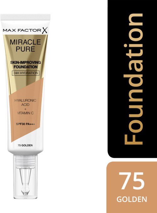 A skin foundation tube labeled 'Miracle Pure' with features like hydration, hyaluronic acid, vitamin C, SPF 30, and shade 75 Golden.