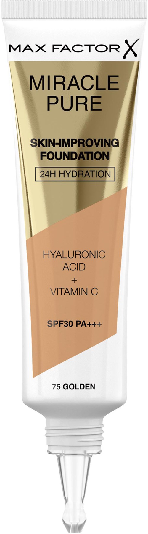 Tube of skin foundation labeled Max Factor X Miracle Pure, with ingredients and SPF 30 PA++.